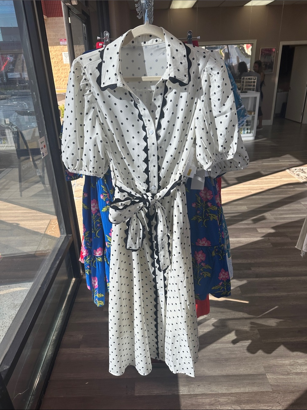 Polka Dot Tie-Waist Shirt Dress - White/Black